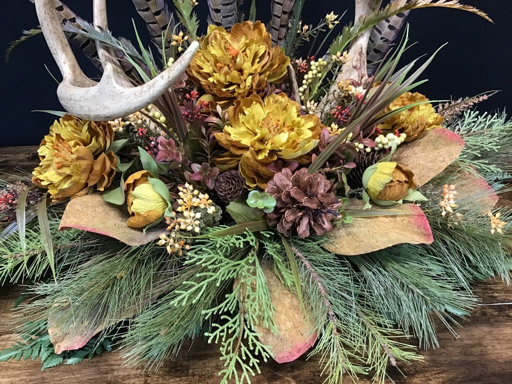 Rustic Buck Deer Antler With Flowers And Feathers Jewelry Tree Or